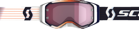 Scott Prospect Amplifier goggles in blue and white with rose accents, designed for motorcycling protection and style.