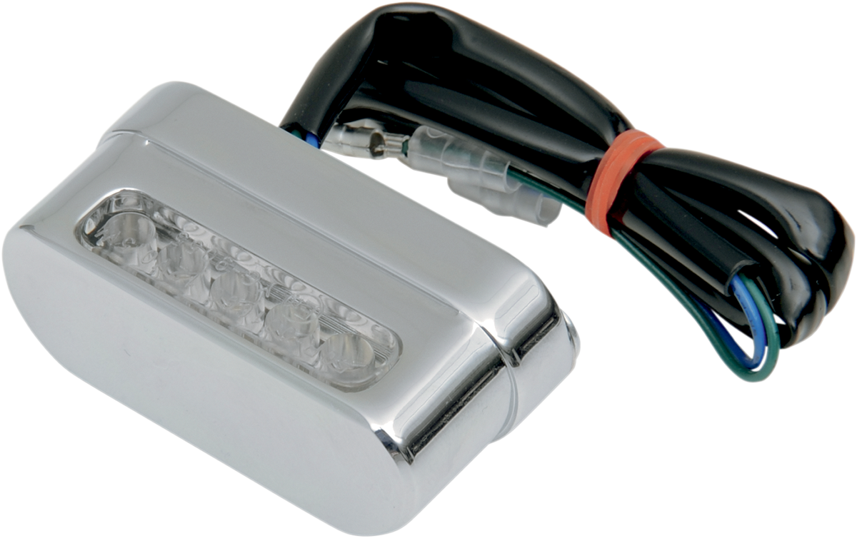 Drag Specialties LED light strip in chrome finish, showing a close-up of the sleek, flexible motorcycle lighting strip with LED bulbs.