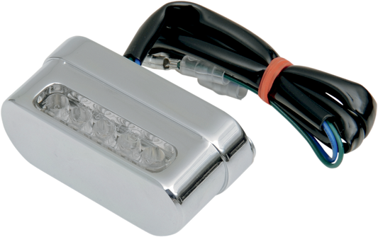 Drag Specialties LED light strip in chrome finish, showing a close-up of the sleek, flexible motorcycle lighting strip with LED bulbs.