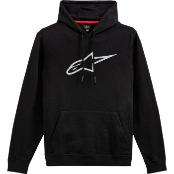 Black and gray Alpinstars Ageless pullover hoodie in medium size, featuring a comfortable fit and stylish design.