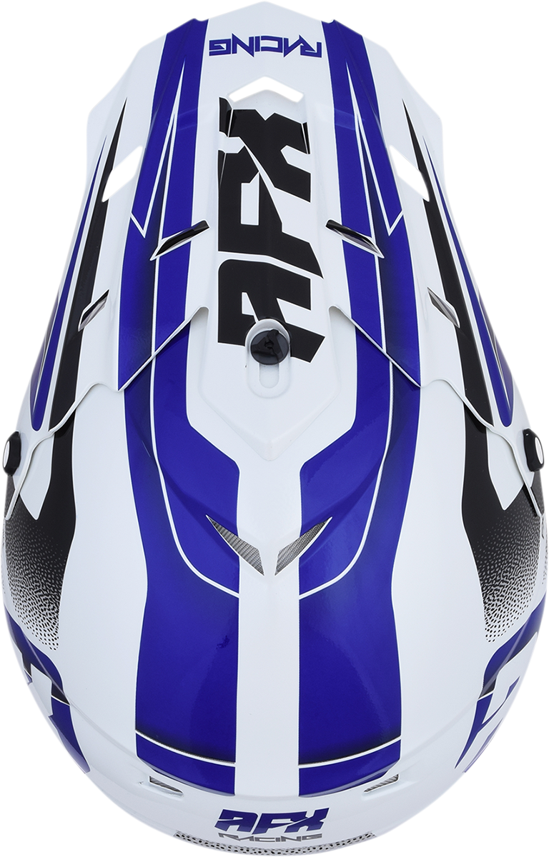 Pearl white and blue AFX FX-17 Peak Force helmet with sleek design, featuring the Bill's Exhausts branding.