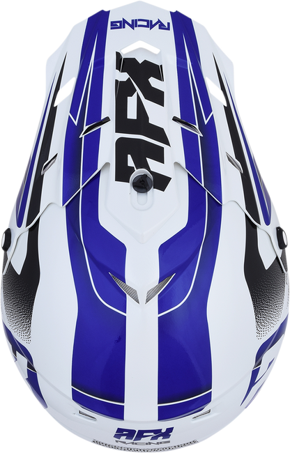 Pearl white and blue AFX FX-17 Peak Force helmet with sleek design, featuring the Bill's Exhausts branding.