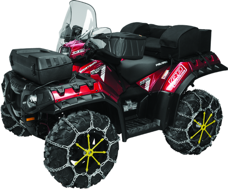 QuadBoss XL tire chain with V-Bar design fitted on large tires, providing enhanced traction and durability for off-road or snowy conditions.