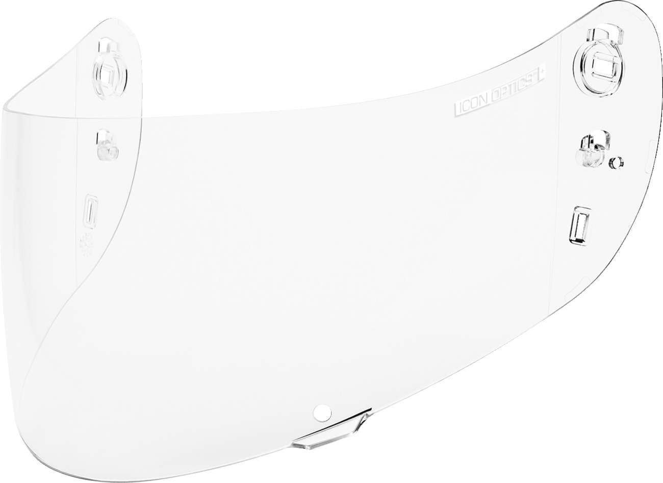 Clear shield for ICON Optics Airframe Pro, Airform, and Airmada helmets, showcasing the visor in a natural position.