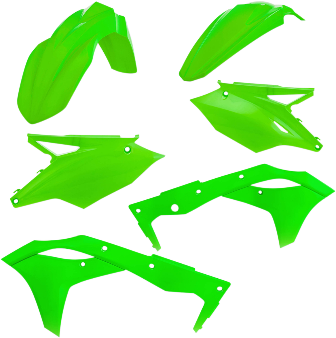 A fluorescent green Acerbis standard replacement motorcycle body kit with panels and parts, designed for durability and style.