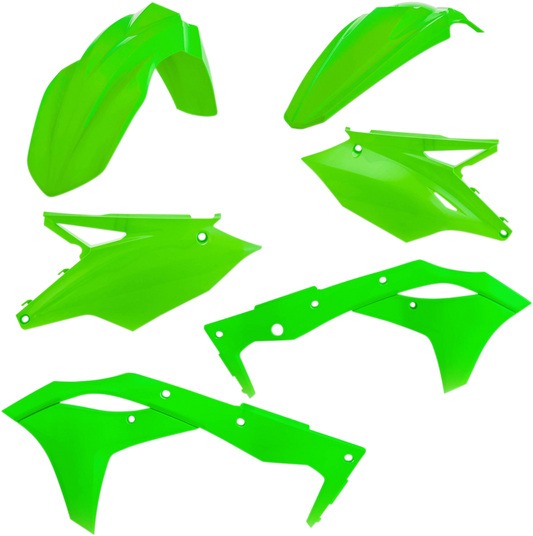 A fluorescent green Acerbis standard replacement motorcycle body kit with panels and parts, designed for durability and style.