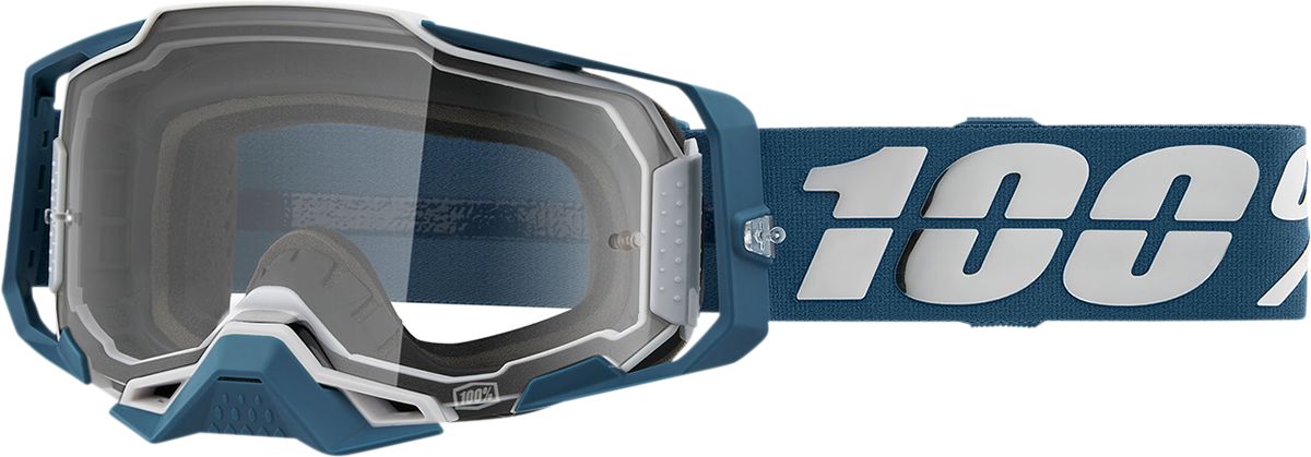 Bill's Exhausts 100% Armega Albar goggles with clear lenses, featuring a sleek design and adjustable strap for riding safety.