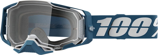 Bill's Exhausts 100% Armega Albar goggles with clear lenses, featuring a sleek design and adjustable strap for riding safety.