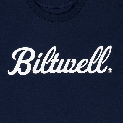 Bill's Exhausts BILTWELL Script Navy T-Shirt in Medium, featuring a front graphic design on a comfortable cotton fabric.
