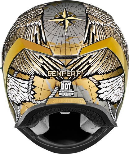 Bill's Exhausts ICON Airform™ Helmet Semper Fi gold medium motorcycle helmet with sleek design and branding details.