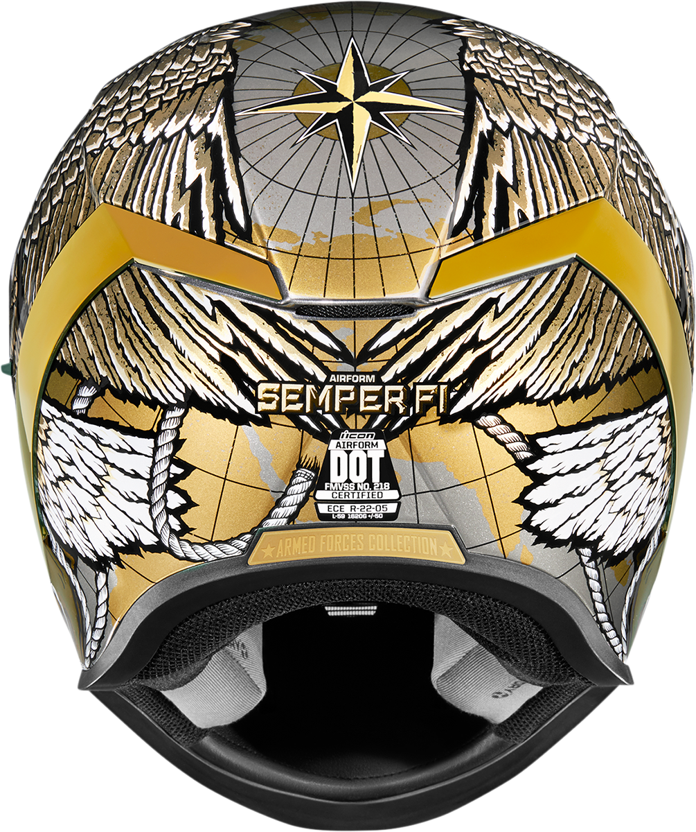 Bill's Exhausts ICON Airform™ Helmet Semper Fi Gold XS helmet with military-inspired design and blue graphics.