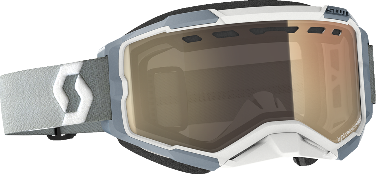 Scott Fury Snow Goggles with light-sensitive bronze chrome lenses, white and gray frame, designed for winter sports.