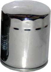 HIFLOFILTRO HF171C chrome motorcycle oil filter showing its sleek, polished design and easy-to-install features.