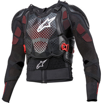 Alpinestars Bionic Tech v3 motorcycle jacket in black, white, and red, displayed on a hanger against a plain background.