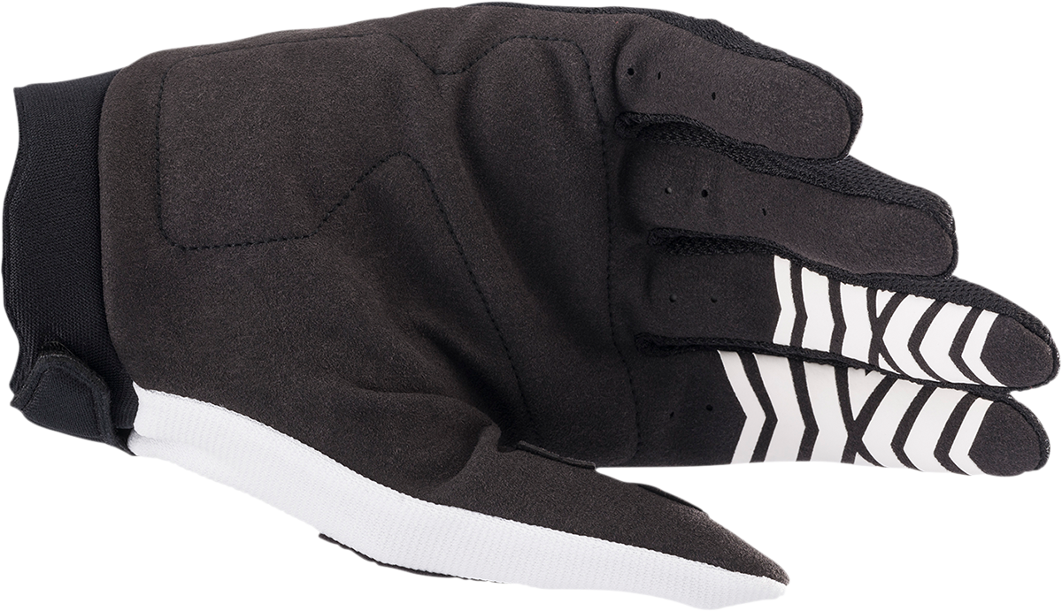 Alpinestars Full Bore motorcycle gloves in white and black, large size, featuring protective armor and adjustable wrist closure.