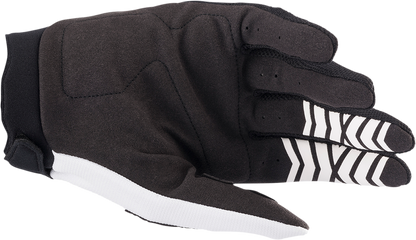 Alpinestars Full Bore motorcycle gloves in white and black, large size, featuring protective armor and adjustable wrist closure.