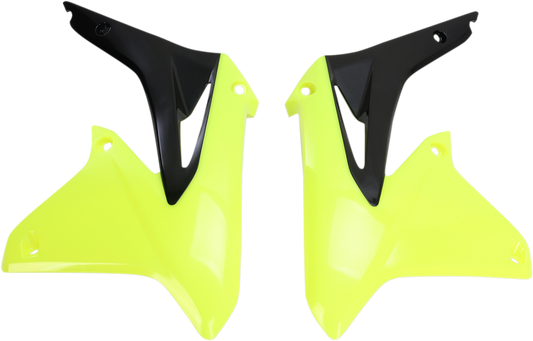 Acerbis radiator shrouds in fluorescent yellow and black, designed for motorcycle body protection, with bold color accents and branding.