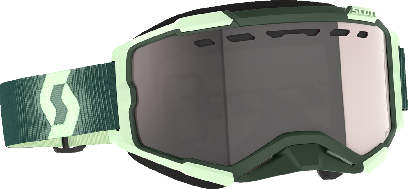 Scott Fury Snow Cross Goggle in dark green and mint with silver chrome enhancer, featuring a sleek design and reflective lenses.