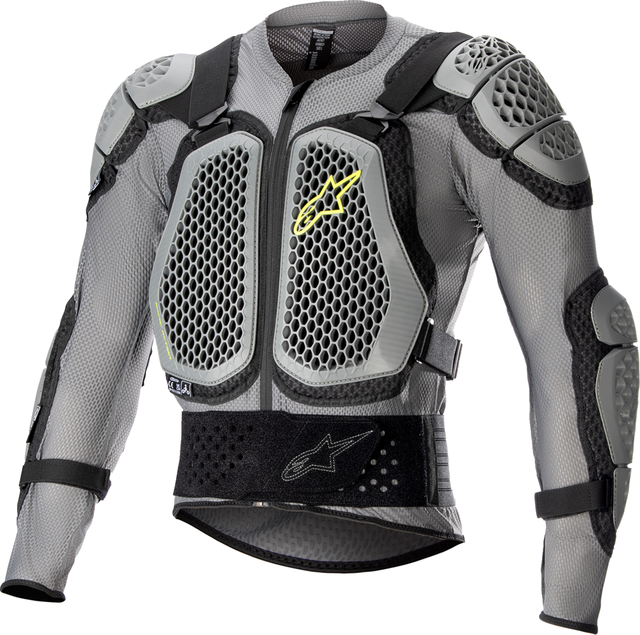 Alpinestars Bionic Action v2 protective jacket in gray, black, and yellow, size XL, designed for motorcycle protection.