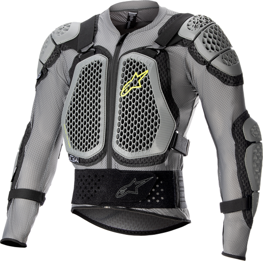 Alpinestars Bionic Action V2 Gray, Black, and Yellow protective jacket for motorcycle riding, medium size, front view.