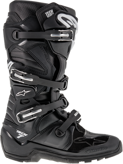 Alpinestars Tech 7 Enduro motorcycle boots in black with US size 12, featuring durable construction and secure fastening.
