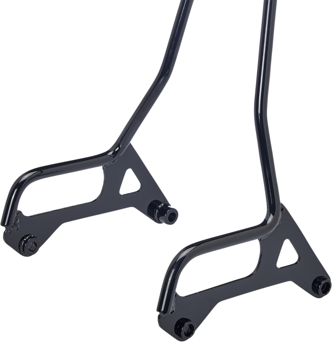 Gloss black BILTWELL EXFIL Sissy Bar XL on motorcycle, featuring sleek metal construction and mounting hardware, for added passenger support.
