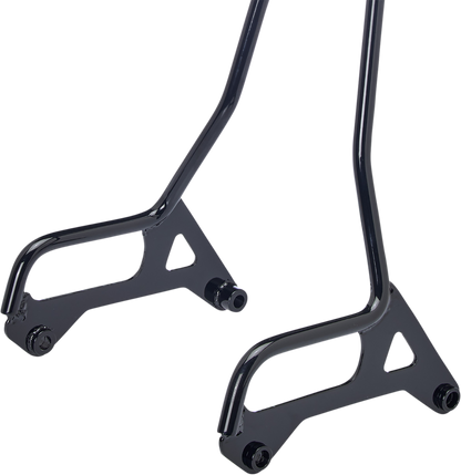 Gloss black BILTWELL EXFIL Sissy Bar XL on motorcycle, featuring sleek metal construction and mounting hardware, for added passenger support.