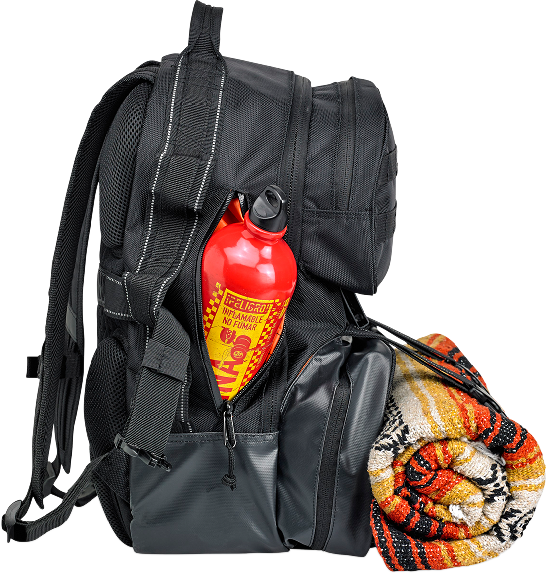 Black BILTWell EXFIL-48 backpack by Bill's Exhausts, featuring durable fabric, multiple compartments, and a sleek, functional design.