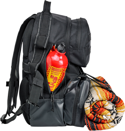 Black BILTWell EXFIL-48 backpack by Bill's Exhausts, featuring durable fabric, multiple compartments, and a sleek, functional design.