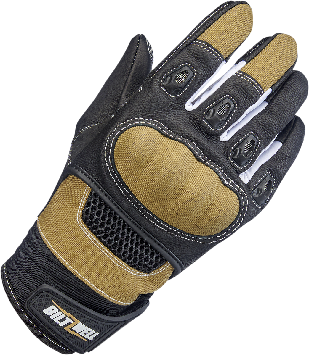 Tan BILT WELL Bridgeport motorcycle gloves in XS size, featuring durable leather construction and protective design.