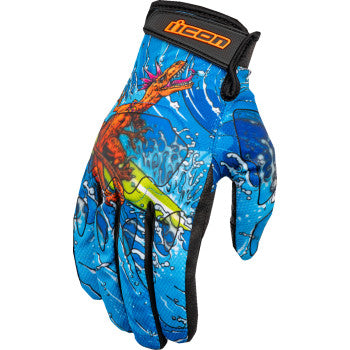Blue ICON Hooligan™ Dino Fury gloves in 3XL size with textured fingers, designed for motorcycle riding comfort and protection.