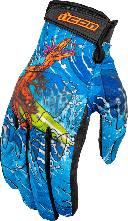 Blue ICON Hooligan Dino Fury gloves for small size, featuring detailed design and textured fabric, branded by Bill's Exhausts.