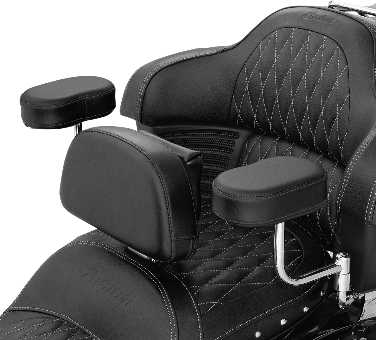 Black SHOW CHROME Deluxe Passenger Armrest for Indian engine models, designed by Bill's Exhausts, with sleek chrome accents.