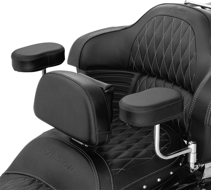 Black SHOW CHROME Deluxe Passenger Armrest for Indian engine models, designed by Bill's Exhausts, with sleek chrome accents.