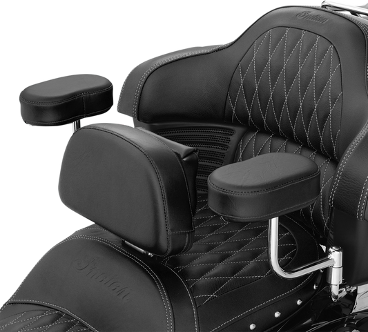 Black SHOW CHROME Deluxe Passenger Armrest for Indian engine models, designed by Bill's Exhausts, with sleek chrome accents.