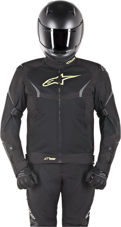 Alpinestars T-Core Drystar jacket in black and yellow, medium size, featuring protective design and waterproof fabric.