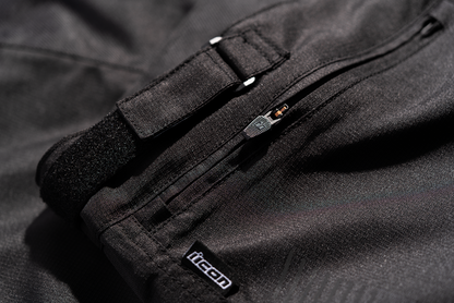 Black ICON PDX3™ Overpant by Bill's Exhausts, small size, shown with fabric details and secure waistband for motorcycle riding.