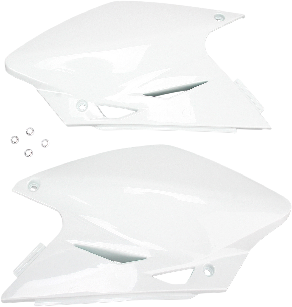 Acerbis white side panels for motorcycle body, showing smooth, glossy finish and detailed design for model compatibility.