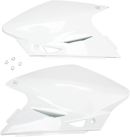 Acerbis white side panels for motorcycle body, showing smooth, glossy finish and detailed design for model compatibility.