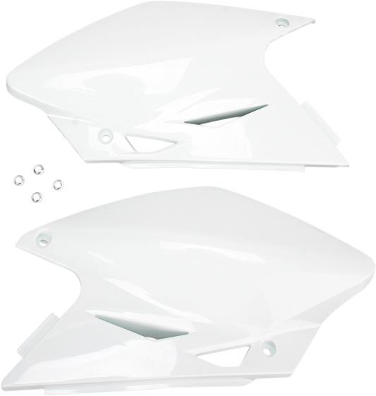 Acerbis white side panels for motorcycle body, showing smooth, glossy finish and detailed design for model compatibility.