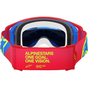 Alpinestars Supertech goggles with red and blue frame, blue mirror lens, featuring ABS vision for racing and outdoor activities.