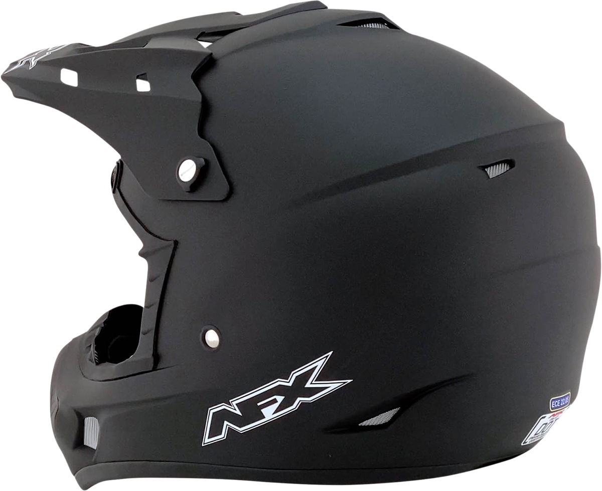Bill's Exhausts AFX FX-17Y matte black motorcycle helmet, large size, with sleek aerodynamic design and vent openings.