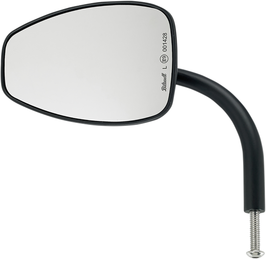 Black Tear Drop BILTWELL motorcycle mirror with sleek design, mounted on a bike handlebar, featuring reflective glass surface.
