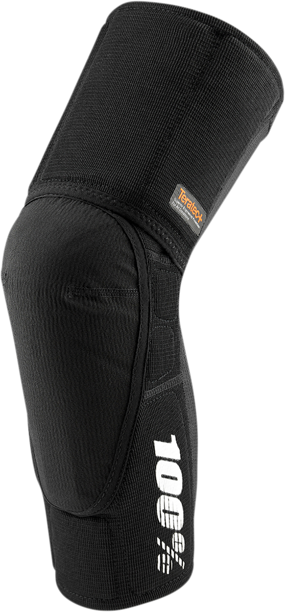 Black Bill's Exhausts 100% Teratec Plus Knee Guards in Large size with adjustable straps on a white background.