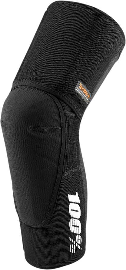 Black Bill's Exhausts 100% Teratec Plus Knee Guards in Large size with adjustable straps on a white background.
