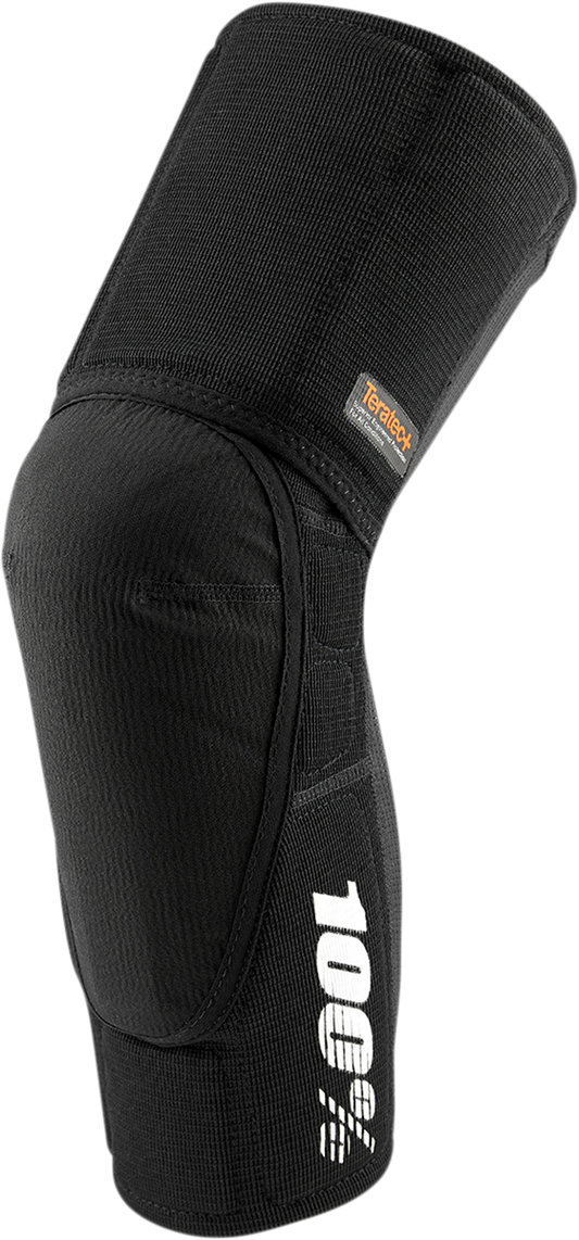 Black Bill's Exhausts 100% Teratec Plus Knee Guards in Large size with adjustable straps on a white background.