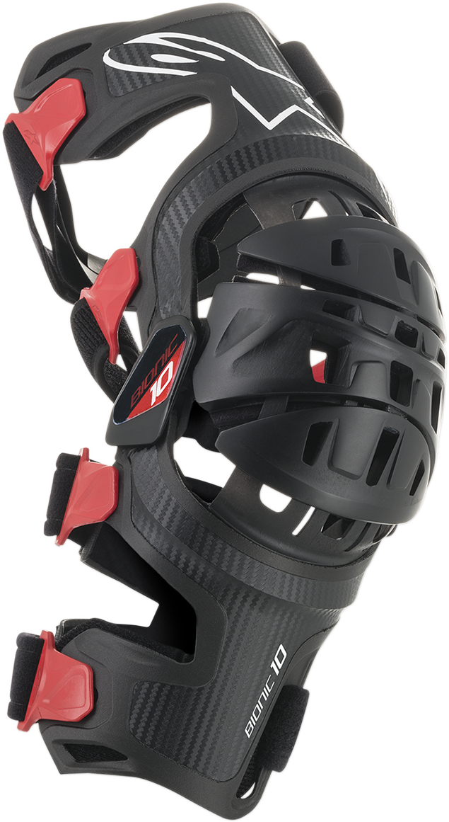 Alpinestars Bionic-10 Carbon right knee brace in XL/2XL size, featuring protective bionic design with carbon fiber components.