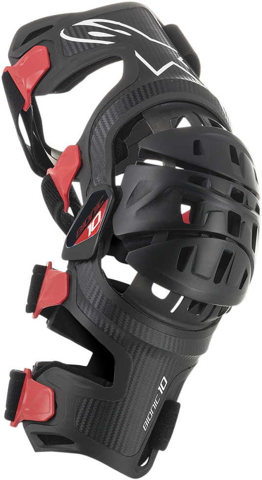 Alpinestars Bionic-10 Carbon Knee Brace for left knee, small size, black bionic protective gear with carbon fiber details.