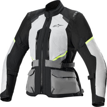 Alpinestars Stella Andes Air Drystar® motorcycle jacket in Ice Gray, Dark Gray, and Black, size XL, showing front view and protective features.