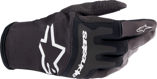 Alpinestars Techstar black motorcycle gloves, medium size, showing protective knuckles and leather construction.